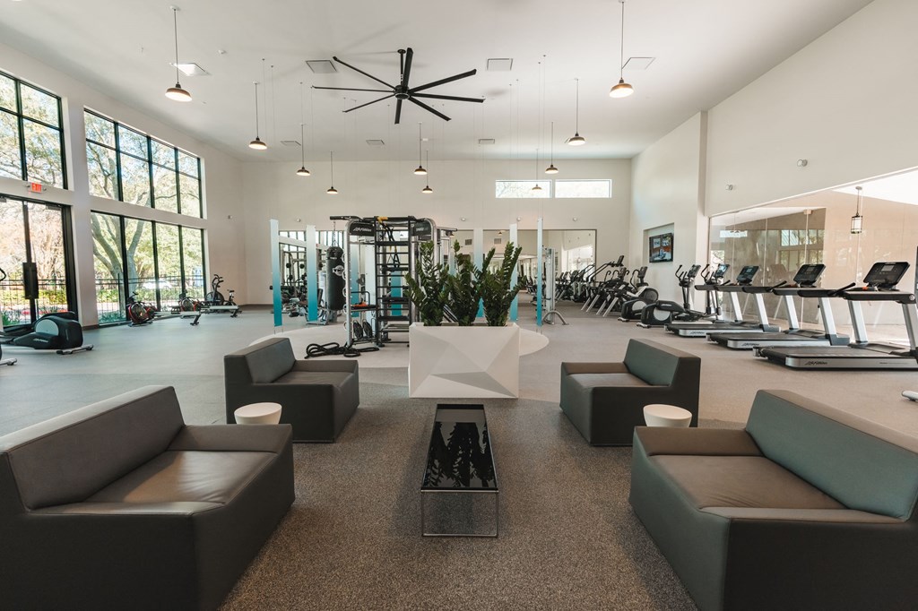 Fitness center lounge Fitness center lounge at Monterey Ranch, Austin